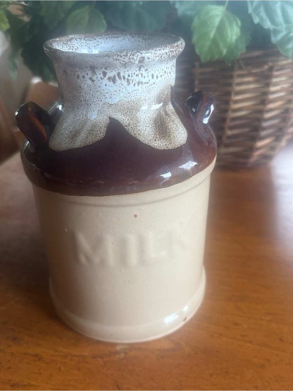 Vintage Enesco drip glaze stoneware “Milk” pail utensil holder